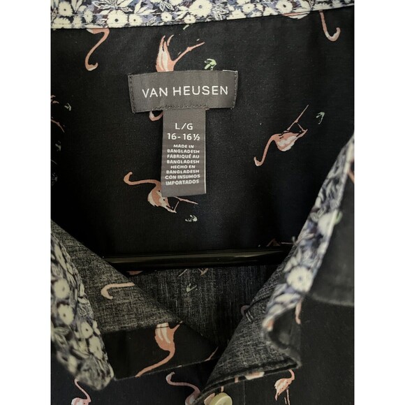 Van Heusen Men's Button Down Short Sleeve Casual Gray Shirt Pink Flamingos Large - Picture 5 of 6